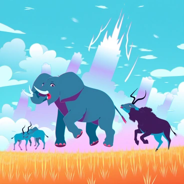 A herd of wild animals, including a majestic African elephant with large tusks, a group of graceful gazelles with sleek bodies, and a pair of strong buffalo, is scattered across a vibrant savanna. The animals are depicted mid-motion, with wide eyes and flared nostrils, reacting to a powerful sonic boom that reverberates across the landscape. The sky is a brilliant blue with scattered white clouds, while the golden grass sways gently in the wind. Dust rises around the animals' feet as they leap in surprise, their bodies tense and alert. The atmosphere conveys a sense of dynamic energy as the tranquil savanna transforms into a scene of sudden chaos.