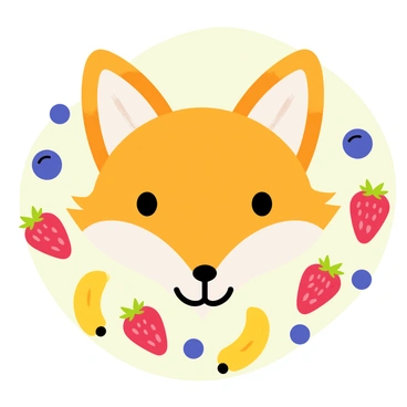 A charming fox face centered prominently in the image, featuring vibrant orange fur and bright, expressive eyes. Surrounding the fox are an assortment of berries and fruits, including red strawberries, blue blueberries, and yellow bananas. The fruits are playfully arranged in a colorful circle around the fox's face, creating a lively and inviting composition. The background is a light, soft green that enhances the colors of the fox and the fruits.