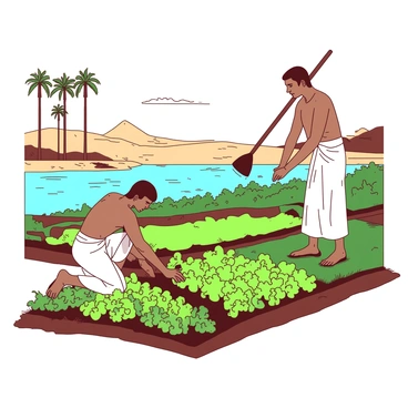 Two ancient Egyptian farmers, wearing traditional linen garments, are diligently tending to their crops along the lush, green banks of the Nile River. One farmer is kneeling beside rows of vibrant green crops, gently pulling weeds from the soil, while the other stands with a wooden hoe, preparing the earth for planting. In the background, the majestic Nile River flows calmly, flanked by tall palm trees swaying in the breeze. The sun casts warm light on the scene, highlighting the rich, fertile landscape that supports their hard work.