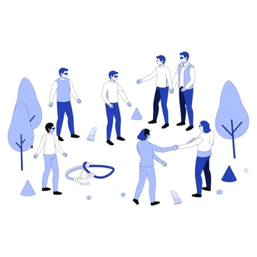 A group of colleagues is participating in a team building exercise outdoors. They are gathered in a grassy area, surrounded by trees. One pair of colleagues stands facing each other, with one person blindfolded, while the other provides verbal guidance. Nearby, another group forms a circle, holding hands and working together to keep balance. In the background, a facilitator observes and offers instructions. Various outdoor equipment, such as cones and ropes, is arranged around the area, indicating different trust exercises in progress. The atmosphere conveys teamwork and cooperation.