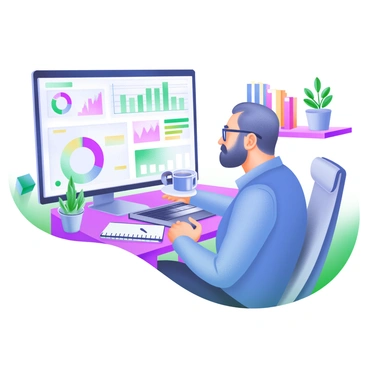 A modern pastel illustration featuring a person sitting at a desk, intently analyzing "financial charts" and "graphs" displayed on a large monitor. The person is a middle-aged man wearing glasses and a blue shirt. On the desk, there is a laptop, a notebook, and a cup of coffee. The monitor showcases various colorful line charts and bar graphs. In the background, there are potted plants and shelves filled with books, creating a productive office environment.