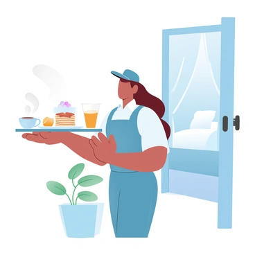 A hotel worker dressed in a neat uniform is standing in front of a guest's room, holding a tray filled with a variety of breakfast items. The tray features a steaming cup of coffee, a glass of orange juice, a plate with fluffy pancakes topped with syrup, and a bowl of fresh fruit. The door to the hotel room is slightly ajar, revealing a glimpse of the cozy interior, complete with a neatly made bed and soft morning light filtering through sheer curtains. A small decorative plant sits on the floor near the doorway, adding a touch of warmth to the scene.