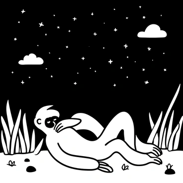 A gibbon lying on its back among tall grass, with its limbs relaxed and spread out. The gibbon's body is depicted in a curled position, with its hands resting on its chest. Above it, a clear night sky filled with countless stars is visible, twinkling brightly against the black background. A few clouds drift lazily across the sky, enhancing the vastness of the scene. The ground is scattered with small rocks and leaves, adding texture to the environment surrounding the gibbon.