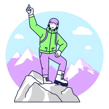 A mountain climber stands at a rocky summit, showcasing a triumphant pose. The climber is wearing a vibrant climbing jacket, thick gloves, and sturdy boots. In their right hand, they are hoisting a large foam finger, indicating victory, while their left hand is resting on their hip. The background features a panoramic view of distant mountains and a clear blue sky. Small patches of snow can be seen atop the neighboring peaks, and the sun casts a bright light across the scene.