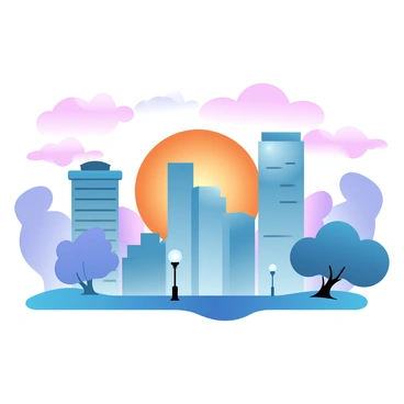 A city skyline with tall buildings silhouetted against a sunset. The sky is filled with vibrant gradient pastel colors, blending shades of orange, pink, and purple. The buildings have various architectural styles, some with glass facades reflecting the colors of the sky. In the foreground, there are silhouettes of trees and lampposts, adding depth to the scene. The overall atmosphere captures the transition from day to night, highlighted by the vivid colors in the sky.