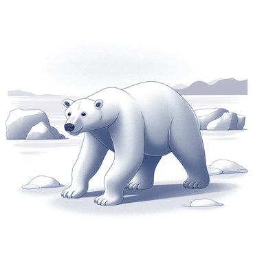 A polar bear is crouched low on the snowy surface of the Arctic landscape. Its thick white fur blends seamlessly with the surrounding snow, providing effective camouflage. The bear's powerful body is tense, exhibiting focused attention as it scans the area for movement. In the background, there are snowdrifts and ice formations that enhance the feeling of a frozen wilderness. The sky above is overcast, adding a muted atmosphere to the scene.