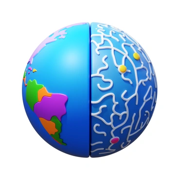A globe designed to resemble a human brain, showcasing both hemispheres. The left hemisphere is filled with continents and geographical features in vibrant colors. The right hemisphere features intricate neural pathways and connections, resembling a network of synapses. Each hemisphere is distinctly defined, visually merging the concept of geography and neuroscience. The globe is presented in a three-dimensional perspective, allowing for a comprehensive view of the transformation.