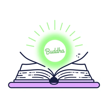 An open book lies on a flat surface, its pages spread apart. From the center of the book, a glowing image of "Buddha" emerges, radiating a soft light. The book has intricate designs on its cover and edges, with fine details around the text on the pages. The background is simple, ensuring the focus remains on the book and the glowing image. The light from the image casts gentle shadows on the surrounding surfaces, enhancing the ethereal quality of the scene.