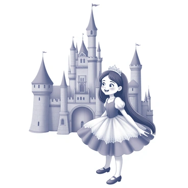 A young girl is standing confidently in front of a large castle with tall towers. She is wearing an elaborate princess dress that features flowing skirts and sparkling embellishments. Her hair is adorned with a delicate tiara that sits atop her head. The castle is detailed with stone walls, arched windows, and a grand entrance. The girl’s expression reflects joy and excitement as she gazes at the majestic structure behind her. The scene captures the enchanting atmosphere of a fairy tale setting.