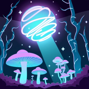 A bright pulsar with swirling colors in the background, casting vibrant light over a magical forest. The forest is filled with various plants that emit a soft, glowing light in shades of blue, purple, and green. Luminous mushrooms with intricate patterns dot the forest floor, while bioluminescent flowers bloom from the ground, their petals radiating a gentle glow. The trees have twisted trunks and leaves that shimmer faintly, creating an enchanting atmosphere. Wisps of light float through the air, enhancing the ethereal quality of the scene.