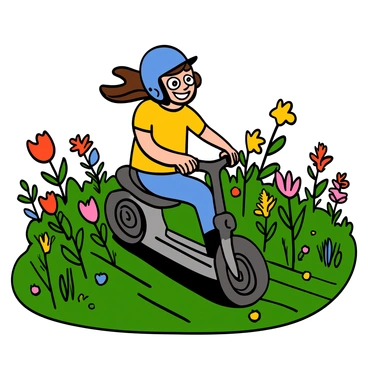 A joyful person with light skin and big eyes riding a Segway, skillfully weaving through a colorful meadow filled with wildflowers of various shapes and sizes. The rider is wearing a bright blue helmet and a yellow t-shirt. Sunlight bathes the scene, illuminating the vibrant greens of the grass and the multitude of colors from the wildflowers, including reds, pinks, yellows, and purples. The rider’s hair is flowing in the breeze as they smile, enjoying the thrill of the ride in the lively landscape.