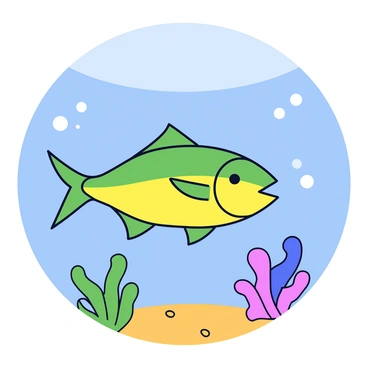 A solitary mahi-mahi swimming through clear blue water. The fish has a vibrant green and yellow coloration with elongated fins and a streamlined body. Surrounding the mahi-mahi are small bubbles rising to the surface. Sunlight filters through the water, creating a gentle light effect on the sandy ocean floor below. A few colorful coral formations are visible in the background.