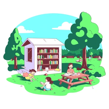 A white library lending station is positioned in a vibrant green park under a bright blue sky. The station features wooden shelves filled with colorful books, inviting visitors to browse. Surrounding the station, there are small picnic tables where families are seated, enjoying their reading time. Nearby, children are playing on the grass, chasing each other and laughing. Sunlight filters through the leaves of the trees, casting playful shadows on the ground. A few park benches can be seen nearby, occupied by individuals absorbed in their books.