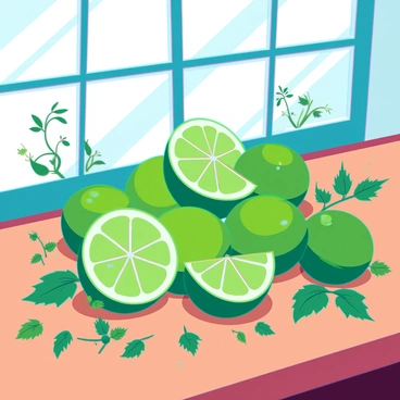 An arrangement of bright green limes scattered on a wooden kitchen counter. Surrounding the limes are various fresh herbs, including vibrant green basil leaves, delicate sprigs of mint, and aromatic cilantro. The herbs are slightly damp, showcasing their freshness, and some limes are cut in half, revealing their juicy interior. A subtle sheen of moisture glistens on the limes, enhancing their vivid color. Natural light streams in from a nearby window, illuminating the scene and casting soft shadows.