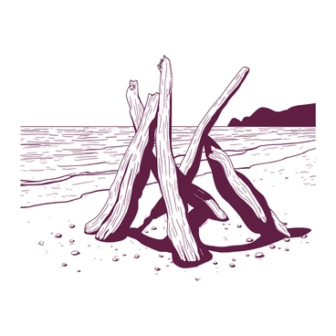 An arrangement of driftwood pieces is standing artistically on the shore. The driftwood has a weathered texture, showcasing a variety of shapes and sizes. Each piece is carefully positioned, creating a harmonious balance. The shore is sandy with small pebbles scattered around. Gentle waves are lapping against the sand, and the sunlight casts soft shadows across the sculpture. In the background, there is a hint of distant cliffs rising against the horizon.