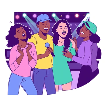 A group of five friends is standing together, laughing and singing joyfully during a lively karaoke night. One friend, wearing a bright yellow shirt, is holding a microphone while another, dressed in a teal dress, is clapping along with the beat. The third friend, sporting a blue cap, is leaning back with a wide smile, and the fourth, in a pink top, is dancing energetically. The fifth friend, wearing a purple sweater, is capturing the moment with a smartphone. The background is filled with colorful lights illuminating the scene, creating a vibrant atmosphere.