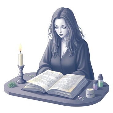 A witch is seated at a wooden table, surrounded by an array of mystical artifacts. She has long, flowing hair and is wearing a dark, tattered robe. In front of her, an ancient, dusty spellbook is opened, its pages yellowed and filled with arcane symbols. The dim light of a flickering candle casts shadows across the table, highlighting the intricate details of the witch's focused expression. Various herbs and potion bottles are scattered around, adding to the atmosphere of magic and mystery. The scene conveys a sense of deep concentration as the witch studies the spellbook intently.
