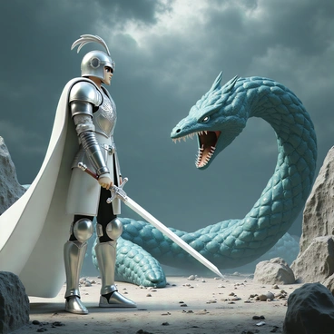 A Saint Seiya knight, clad in shining silver armor with intricate designs, stands confidently in a battle-ready stance, gripping a gleaming sword. His helmet features a distinctive crest shaped like a bird. The knight's cape billows behind him, catching the light as he prepares to engage. In front of him, a massive serpent with shimmering scales in shades of deep green and blue looms menacingly, its fangs bared and eyes glowing fiercely. The rocky arena is rugged and uneven, with jagged rocks jutting out from the ground and scattered debris. A dramatic sky overhead hints at an impending storm, adding tension to the confrontation.