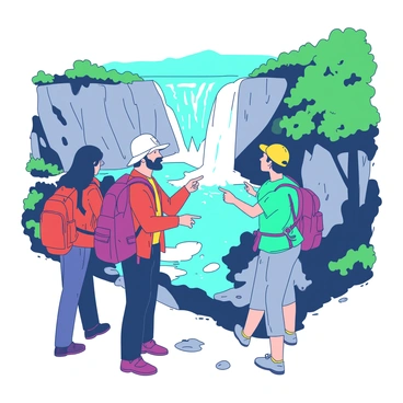 Hikers sharing a scenic spot by a waterfall, taking in the view