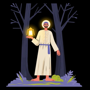 A saint stands in a dark forest, holding a glowing lantern that illuminates the surrounding area. The saint wears a flowing robe, with intricate patterns and a soft halo surrounding their head. The lantern emits a warm, golden light, casting gentle shadows on the trees nearby. Tall, dark trees with twisted branches loom in the background, while leaves rustle softly in the breeze. The ground is covered in a mix of fallen leaves and soft moss, enhancing the tranquil yet mysterious atmosphere.