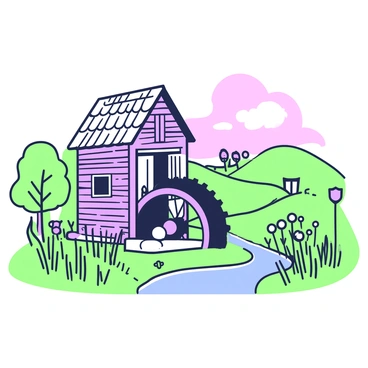 An old-fashioned waterwheel turning beside a rustic mill in a picturesque countryside