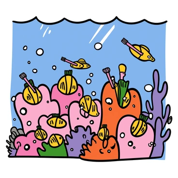 An underwater scene where fish have toothbrushes cleaning coral-like teeth