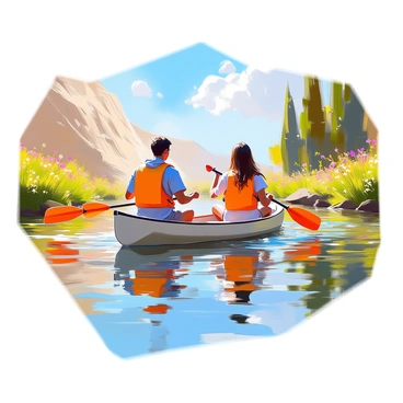 Two friends are paddling a canoe down the Jordan River, enjoying their adventure together. The first friend, with short, dark hair, is sitting at the front, guiding the canoe with a paddle, while the second friend, with long, wavy hair, sits at the back, using a paddle to steer. They are both wearing casual outdoor clothing, suitable for a day on the water. Lush greenery lines the riverbanks, with tall trees and vibrant plants reflecting in the calm water. A bright blue sky is overhead, dotted with a few fluffy white clouds, creating a picturesque backdrop for their journey. The sound of water splashing gently as they paddle adds to the serene atmosphere of the scene.