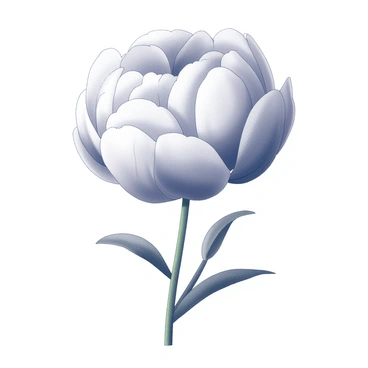 A peony flower in full bloom, displaying its large, layered petals. The petals are soft and rounded, creating a natural, full appearance. The stem is green and extends downward, with several leafy shoots visible at the base. The overall image focuses on the intricate details of the petals, showcasing their texture and shape.