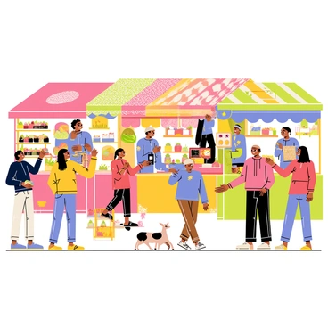 A bustling marketplace filled with colorful stalls selling various goods. Each stall is adorned with vibrant fabrics and displays showcasing fruits, vegetables, and handmade crafts. People of different ages and backgrounds are interacting, some browsing the merchandise while others engage in lively conversations. Each person has distinct features, clothing styles, and expressions that create a sense of diversity and energy within the scene. The atmosphere is alive with movement and activity, highlighting the vibrant community spirit of the marketplace.