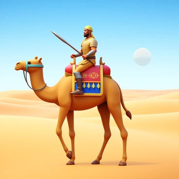 A nomadic warrior wearing intricate sand-colored armor sits confidently on a tall camel. The armor has fine detailing along the edges and is designed for mobility and protection. The camel is adorned with colorful decorative saddlebags, and its fur blends with the surrounding sandy landscape. The vast desert stretches out in all directions, featuring gentle dunes and a clear blue sky overhead. In the distance, a mirage shimmers, creating a sense of heat and space. The warrior holds a spear in one hand, ready for adventure. "A nomadic warrior in sand-colored armor" is prominently displayed above the scene.