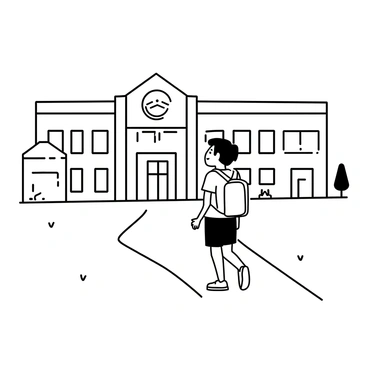 A child walking away from a school building, glancing back over their shoulder. The child is wearing a casual t-shirt and shorts, with a backpack slung over their right shoulder. The school building has large windows and a classic brick exterior. The child's expression shows a mix of nostalgia and curiosity as they take one last look. The path leading away from the school is lined with grass and small trees.