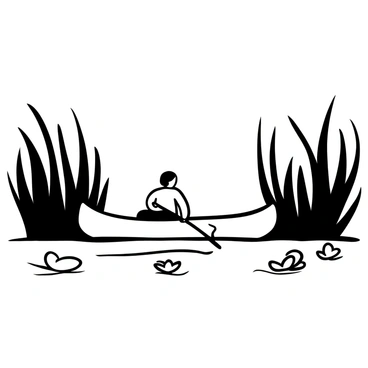 A single canoe gliding through a narrow waterway. The canoe is depicted from the side, showcasing its sleek shape and paddler. Tall grasses on both sides of the waterway rise sharply, their blades bending slightly as if swaying in a gentle breeze. The water reflects the shapes of the grasses and the canoe, creating a sense of movement. A few water lilies float near the canoe, adding detail to the scene. 