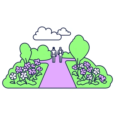 A narrow path is meandering through a public park. On both sides of the path, there are flowerbeds filled with a variety of blooming flowers, showcasing vibrant shapes and textures. The flowerbeds are neatly arranged, with green foliage providing a natural border around the rich display of flowers. In the distance, a few people are walking along the path, enjoying the beauty of the surroundings. Fluffy clouds can be seen above, adding to the peaceful atmosphere of the park.