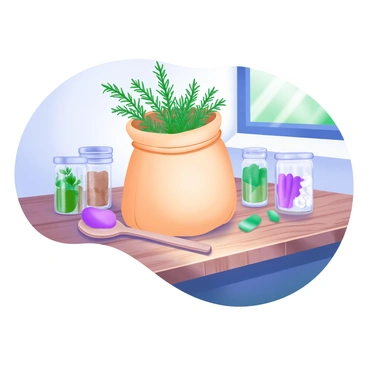 A small sack, made of natural burlap, filled with various aromatic herbs such as rosemary, thyme, and basil, is placed prominently on a rustic wooden kitchen counter. The counter has visible grain patterns and a slightly weathered appearance, enhancing the rustic theme. Surrounding the sack are small glass jars containing additional spices and dried herbs, and a wooden spoon rests nearby. Sunlight streams in through a nearby window, casting gentle shadows and highlighting the textures of the herbs and the counter surface.