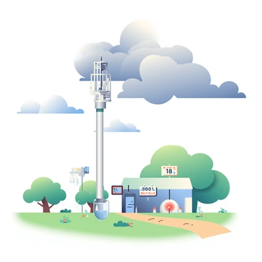A rural weather station is positioned on a grassy field, surrounded by clusters of trees. The station consists of a tall white tower equipped with various instruments and anemometers. Dark gray clouds are gathering in the sky above, indicating an occluded front, with the cloud formations swirling and thickening. In the foreground, a rain gauge is half-filled with water, and there are several measuring instruments with digital displays showing temperature and humidity readings. The landscape is dotted with patches of wildflowers and a dirt path leads up to the weather station, creating a sense of connectivity to the surrounding environment.