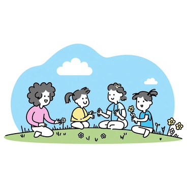 A group of three children is sitting on a grassy knoll under a clear blue sky. One child, a girl with curly hair, is carefully weaving together fresh daisies to create a chain. Next to her, a boy with short hair is holding a handful of daisies, looking excited. The third child, a girl with pigtails, is laughing and watching the process, with some daisies tucked behind her ear. The knoll is surrounded by wildflowers, and the sun casts soft shadows on the grass.
