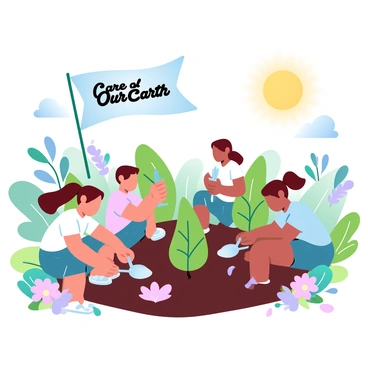 A group of children is working together in a community garden. They are enthusiastically planting young trees in rows. Each child is holding a small shovel or trowel, digging into the rich soil. The sun is shining brightly overhead, casting a warm light across the scene. Various colorful gardening tools are scattered around them. Vibrant green plants and flowers surround the area, creating a lush atmosphere. A large banner with the phrase “Care for Our Earth” is visible in the background, fluttering gently in the breeze.