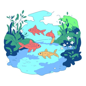 A group of matchstick fish, crafted with precision, is swimming gracefully in a clear stream. Each fish showcases unique designs, with varying sizes and shapes, reflecting the creativity of their matchstick construction. The clear water of the stream allows for a vivid view of the fish as they glide through. Sunlight filters through the leaves above, casting playful shadows on the pebbled stream bed below. The surrounding environment features lush green grass and delicate wildflowers along the banks of the stream, enhancing the natural setting.