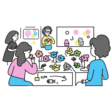 A class where women are learning flower arranging with colorful blooms