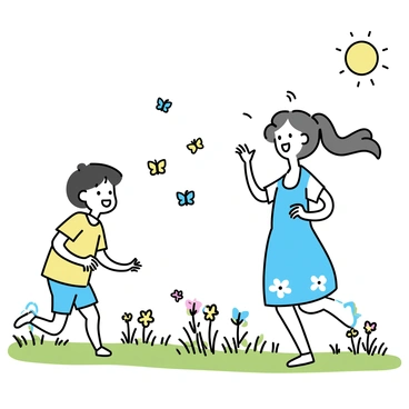 A girl named Kaede, with long brown hair tied in a ponytail, is wearing a light blue dress adorned with white flowers. She is laughing as she runs through a sunny meadow filled with green grass and colorful wildflowers. Nearby, her friend Suzu, with short black hair and wearing a yellow t-shirt and denim shorts, is also chasing butterflies. Bright butterflies in various colors flutter around them, creating a lively scene filled with joy. The sun is shining brightly in a clear blue sky above.