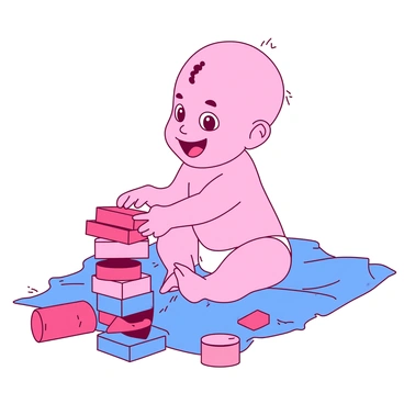 A pink baby with bright, sparkling eyes is sitting on a soft blue blanket, surrounded by colorful toy blocks. The baby is reaching for a red block with a big smile on their face, conveying a sense of excitement and eagerness to play. The blocks are scattered around, some stacked and others toppled, creating a playful atmosphere. The baby’s tiny hands grasp the block, showcasing their joy in the moment.