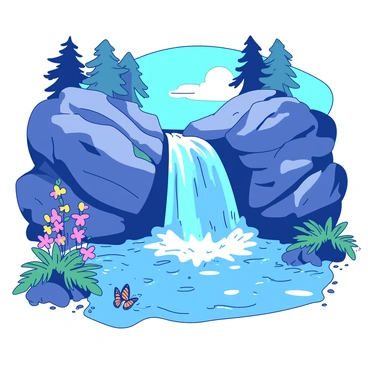 A cascading waterfall with multiple tiers pouring into a serene pond