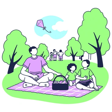 A father and a child are seated on a checkered blanket spread out on the grass in a park. The father is smiling, wearing a casual short-sleeve shirt and shorts, while the child, with curly hair, is wearing a bright T-shirt and shorts. They have a picnic basket beside them, which is partially open, revealing sandwiches and fruit. Around them, there are several trees with lush green leaves creating a dappled light effect on the ground. In the background, there are other families enjoying the park, and a kite is flying high in the blue sky.