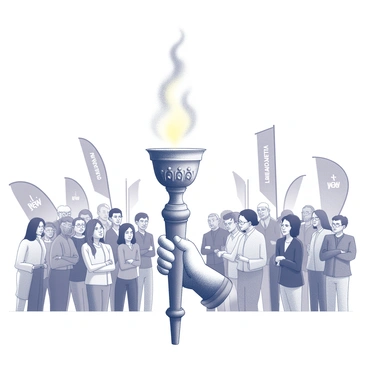 A ceremonial torch held upright, with flames flickering at the top. The torch is crafted from polished metal, featuring intricate designs along its handle. In the background, a diverse group of people stands in anticipation, watching intently as the torch is ignited. The area is filled with banners and symbols representing new leadership, adding a sense of occasion. The atmosphere conveys a moment of significance and unity, with expressions of hope and determination visible on the faces of the attendees.