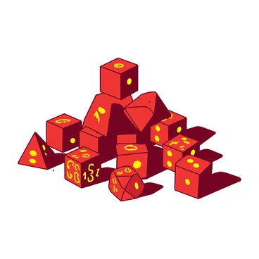 A stack of colorful dice in various shapes and sizes