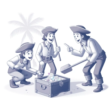 A group of three pirates is digging in the sand with wooden shovels. They wear traditional pirate attire, including tricorn hats and striped shirts. One pirate crouches low, eyes wide with excitement as he gazes at the partially uncovered treasure chest. The chest, made of weathered wood and bound with rusty metal, has a slightly ajar lid revealing glimmers of gold coins and sparkling jewels inside. Another pirate stands nearby, gripping a shovel with one hand and pointing at the chest with the other, while the third pirate digs enthusiastically. In the background, there are palm trees and a clear sky, suggesting a tropical island setting.