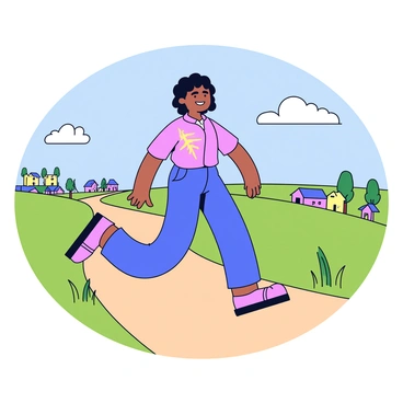 A person walking confidently on a dirt road. The road is lined with tall grass on either side. The background reveals a distant village with small houses and trees. The person's stride is purposeful, with one foot raised in the air and the other firmly planted on the ground. The sky above is clear, showcasing a few fluffy clouds. The scene captures a sense of journey and determination.