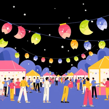 A nighttime festival scene with various colorful solar-powered lanterns hanging above the streets. The lanterns are in different shapes, including stars, moons, and flowers, casting vibrant lights in shades of red, blue, green, and yellow. Crowds of people are gathered below, dressed in festive clothing, enjoying the atmosphere. Stalls adorned with twinkling lights sell food and handmade crafts. The sky above is dark, dotted with a few stars, adding to the lively ambiance of the festival.
