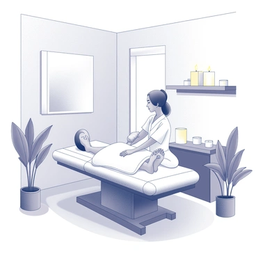 A tranquil spa room with soft lighting and minimal decor. The walls are adorned with calming artwork, and the floor is covered with natural wood. In the center, a therapist is gently massaging the feet of a relaxed client, who is reclining on a comfortable treatment table. The client is covered with a soft white towel, and their facial expression indicates comfort and relaxation. A few candles are flickering on a nearby shelf, adding to the serene atmosphere. There are potted plants in the corners, contributing to the peaceful ambiance of the space.