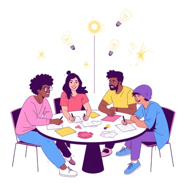 A group of diverse creators is sitting around a large round table, engaged in brainstorming ideas. There are four creators, each with distinct features reflecting various backgrounds. One creator has curly hair and glasses, another has straight hair tied back and a bright smile, the third has a beard and wears a beanie, and the fourth has dyed hair and vibrant accessories. Floating above them are lightbulbs in different sizes, illuminating the scene and symbolizing creativity. Some lightbulbs are close to the creators, while others hover higher, creating a dynamic atmosphere filled with ideas. Each creator is holding a pen and jotting down notes on colorful paper scattered across the table.